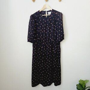 Vintage‎ 70s 80s black floral sheer 3/4 slvs pleat top midi dress M/L grunge